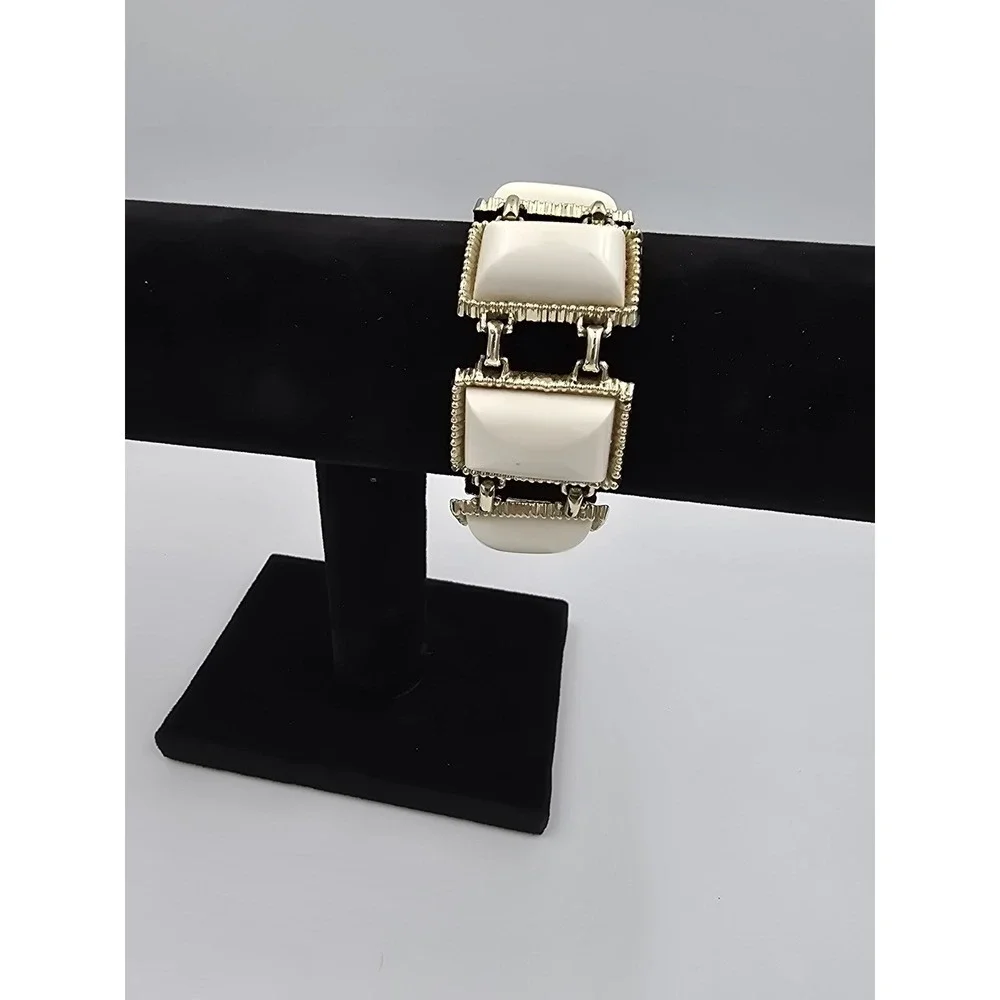 Vintage Gold Tone White Thermoset Panel‎ Link Bracelet Mid-Century Modern Style